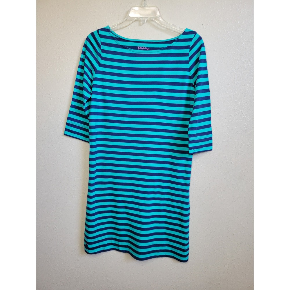 Lilly Pulitzer Striped T-Shirt Dress Navy Teal Blue Green 3/4 Sleeve Small